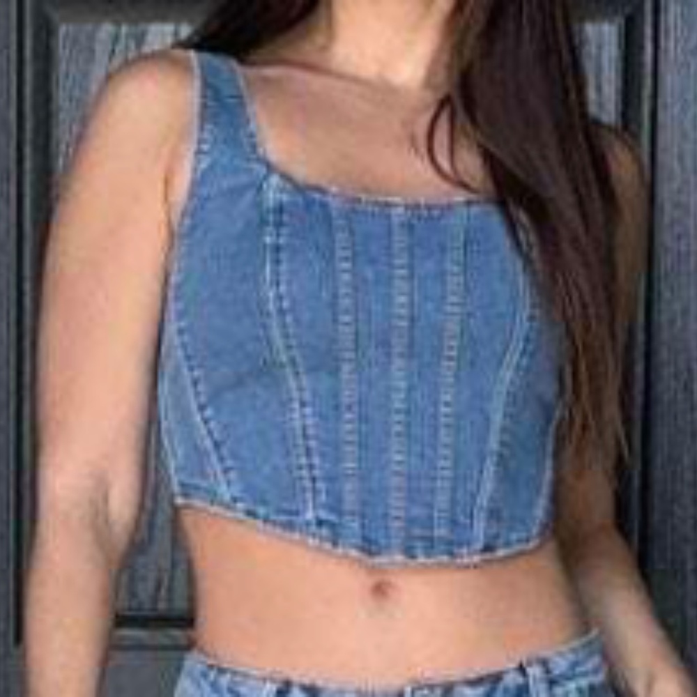 Light Wash Denim zip up Bustier Crop Top - Picture 1 of 10
